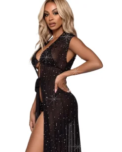 Leg Avenue Iridescent Black Rhinestone Sheer Robe New