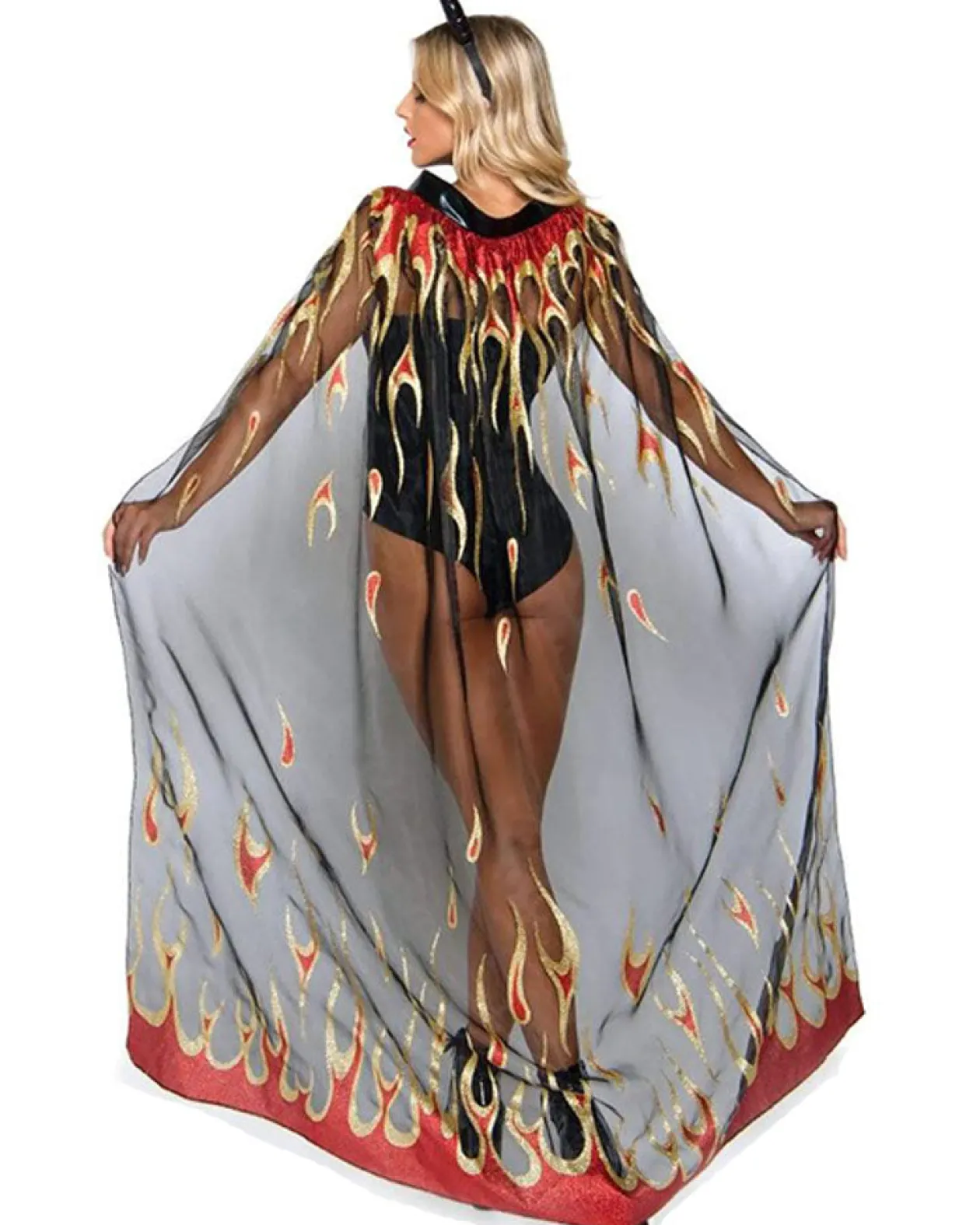 Leg Avenue Sheer Glitter Flame Devil Cape And Horns New
