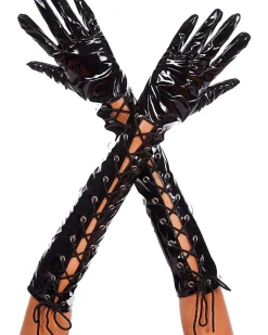 Music Legs Wet Look Ribbon Lace Up Black Elbow Length Gloves Clearance