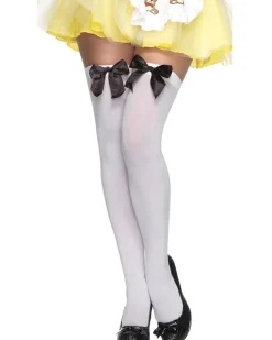 Leg Avenue White Opaque Thigh High Stockings With Black Satin Bows Sale